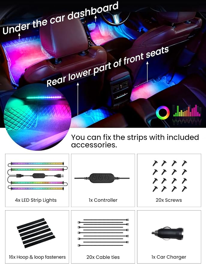 Pak Smart RGB+IC Car LED Lights, 72 LED 16 Million Colors Interior Light | Under Dash Car Strip Light with Music Mode and DIY Mode, 2 Lines Design with Charger, Ambient Lighting for Cars SUVs Trucks - Image 8