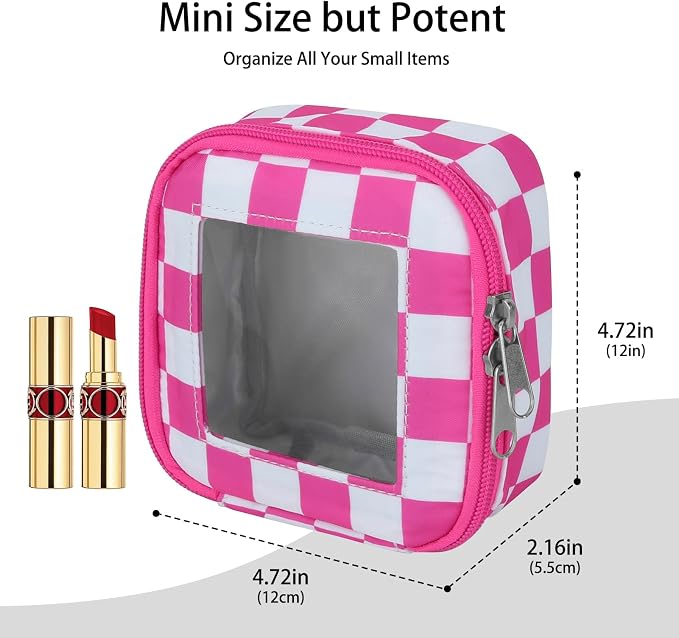 DOB SECHS Mini Checkered Bag for Purse 5.1'' x 5.1'' Small Makeup Bag for Car Cute Clear Cosmetic Bags with Zipper, Tiny Toiletry Bag Lipstick Organizer Pouch Travel Essentials Storage Pouch, Hot Pink - Image 2
