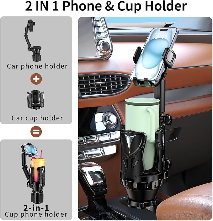 Phone Holders for Your Car, 2 in 1 Adjustable Stable Car Cup Phone Holder | Secure Hold, Multi-Scenario Use for Drivers, Commuters & Road Trips, Universal Fit for Up to 5.31'' Drinks/Mugs/Foods - Image 2