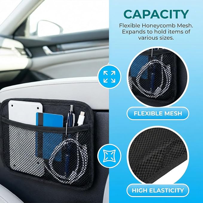 2PCS Car Net Pocket, Self-Adhesive Elastic Mesh Car Seat Side Organizer, Multifunctional Auto Interior Storage Bag for Phones, Keys, Sunglasses(Large) - Image 4