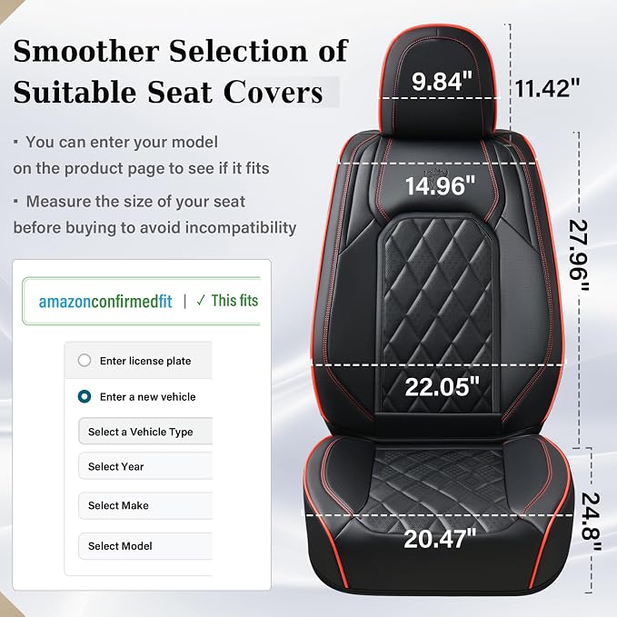 Coverado Seat Covers, Car Seat Cover Front Seats, 2-Pack Luxury Faux Leather Car Seat Covers, Waterproof Car Seat Protector, Black Seat Cover Front Seat Cover Universal Fit for Most Cars, Black&Red - Image 5