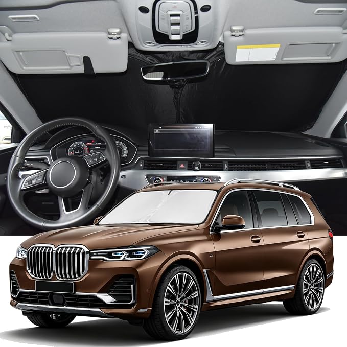 for BMW X7 2018-2025 2026 Windshield Sun Shade - 4 Layers Car Sunshade | Front Windows Shade Cover Custom Fit BMW X7 sunshade 250T Retractable Shade Blocks UV Rays Car Accessories by ZOIBVCARSUNSHADE