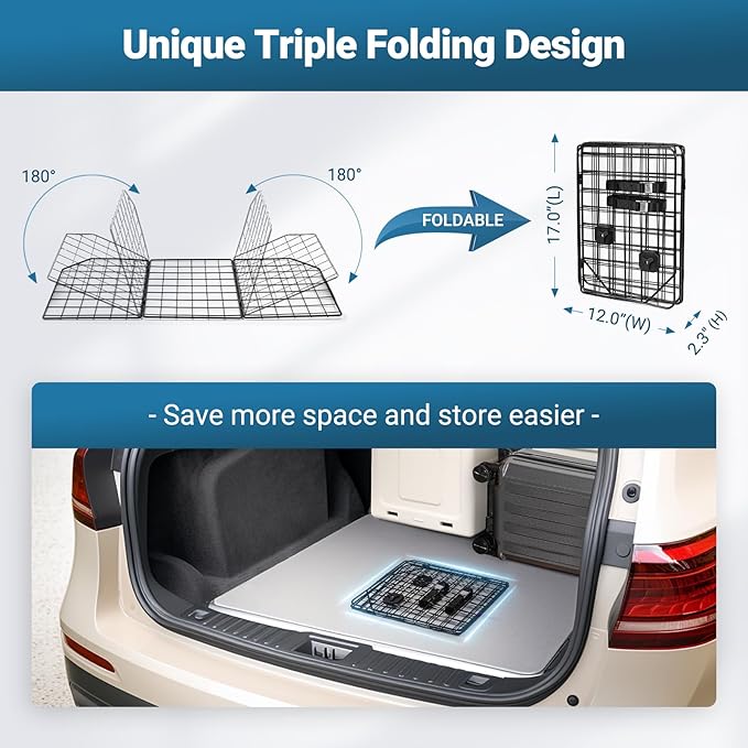 rabbitgoo Dog Car Barrier for SUV, Heavy-Duty Steel Wire Pet Gate, Foldable | Adjustable Universal-Fit Divider, Triple Folding for Cargo Area Vehicles Trucks Safety Travel - Image 3