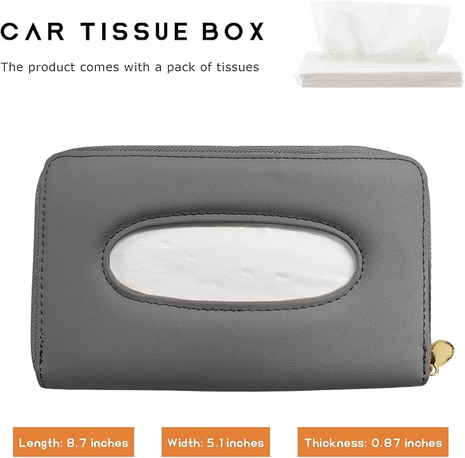Car Tissue Box, Leather Auto Sun Visor Napkin Case Tissue Case Holder with Zipper, Sunvisor Paper Towel Storage Box Napkin Organizer for Most Vehicles, Car Accessories (Gray) - Image 2