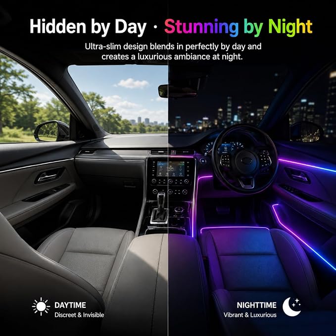 Acrylic Interior Car Ambient Lighting Kits, LED Strip Lights with Wireless APP, Neon Fiber Optic Lights Function LED Strip for Car with Music Modes (10 in 1) - Image 6