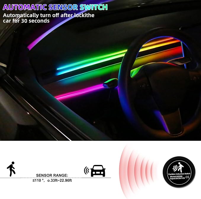 Acrylic Interior Car LED Strip Light with 30S Motion Sensor Switch&USB Hub, Dreamcolor 55.1 inches Ambient Lighting Kits, RGB Colors Neon LED Strip Light - Image 5