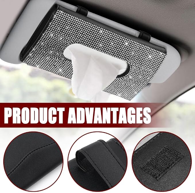 Bling Car Sun Visor Tissue Box Holder, Car Visor Tissue Holder, PU Leather with Bling Crystal Rhinestones Tissue Holder, Backseat Paper Towel Cover Case Auto Accessories for Women (White) - Image 3