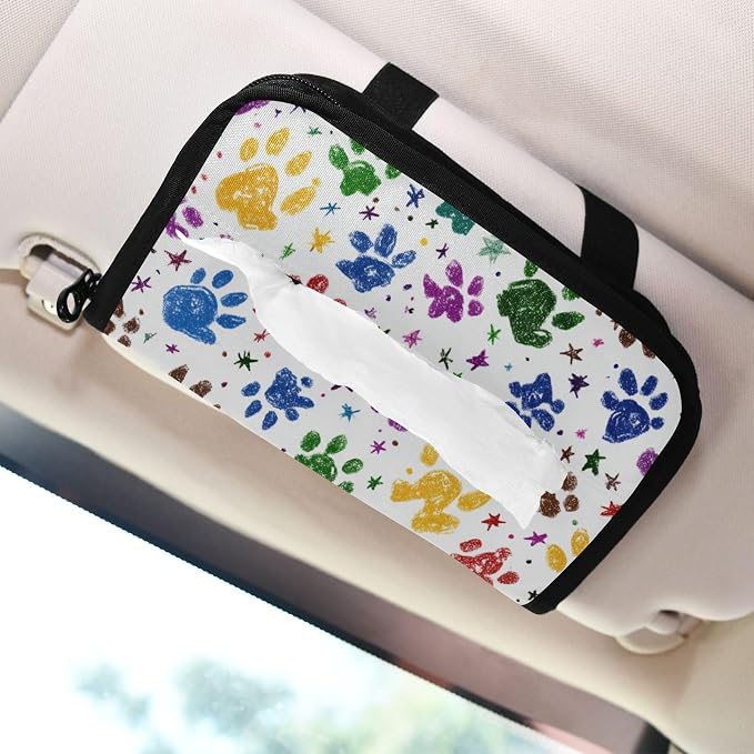 Car Tissue Holder Car Napkin Holder Car Tissue Box Dispenser Storage Case Sun Visor Mask Holder with Adjustable Straps Reusable Refillable Paw Prints and Stars - Image 7