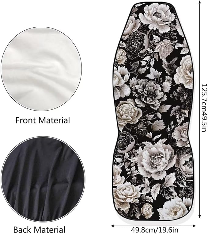 Black White Flower Universal Front Seat Covers, Pack of Two Easy to Install Fit for Trucks Vans SUV Sedans Automotive Comfortable - Image 6