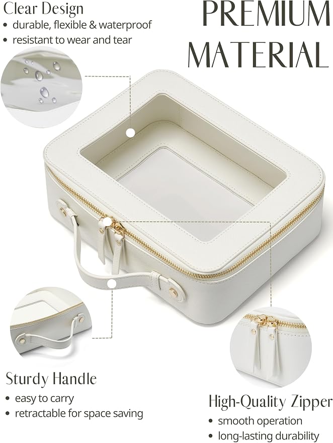 Clear Makeup Case White Toiletry Bag Travel Large Clear Cosmetic Bag with Zipper, Big Make Up Bag Organizer Women Traveling TSA Approved Transparent Bag Car for Essentials | Structured Mahjong Tile Bag with Zipper and Handle, Big Long-trip Cosmetic Cas... - Image 2