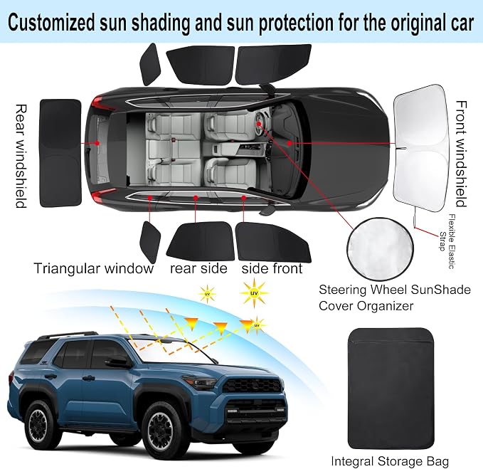 Windshield Sun Shade Car Windshield Foldable Full Windows Coverage Custom Fit for Toyota 4Runner 2025 2026 Accessories Car Window Shades Block Sun UV Rays 8PCS - Image 3