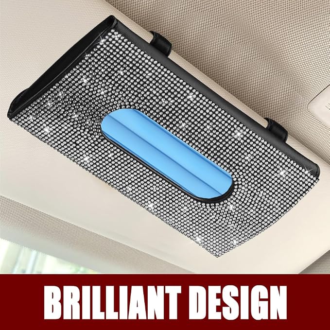 Bling Car Sun Visor Tissue Box Holder, Car Visor Tissue Holder, PU Leather with Bling Crystal Rhinestones Tissue Holder, Backseat Paper Towel Cover Case Auto Accessories for Women (White) - Image 6