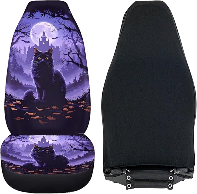 Halloween Black Cat Moon Car Seat Covers Front Seat Protector | Gothic Purple Night Print Car Accessories Automotive Seat Covers, Universal Automotive Interior Decor for Sedan Truck SUV - Image 4