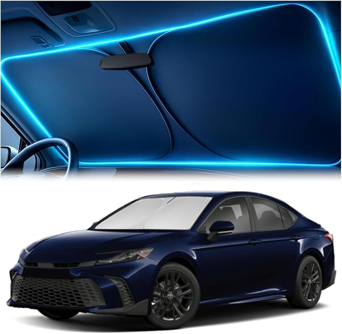 Windshield Sun Shade for Toyota Camry 2025-2026 LE/XLE/SE/XSE/Hybrid – Custom Fit Sun Shield with Mirror Cut‑Out, Blocks Heat & UV, Foldable with Storage Pouch - Toyota Camry Windshield Sunshade by Autopect