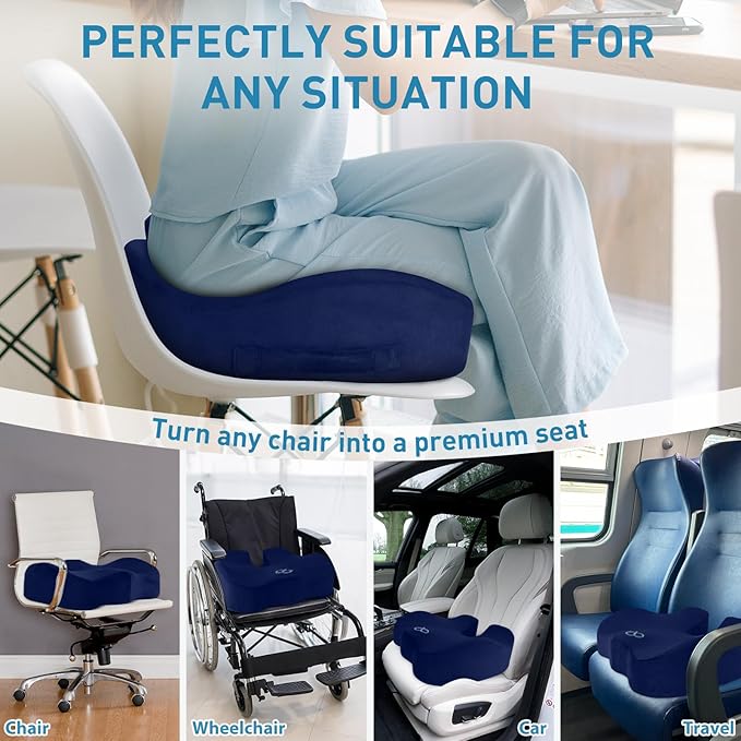 BlissTrends Memory Foam Seat Cushion for Office Chair & Car Seat, Blue | Ergonomic Tailbone & Sciatica Support with Removable Velvet Cover for Pressure Relief and Long Sitting Comfort, 3.3" Thick - Image 4