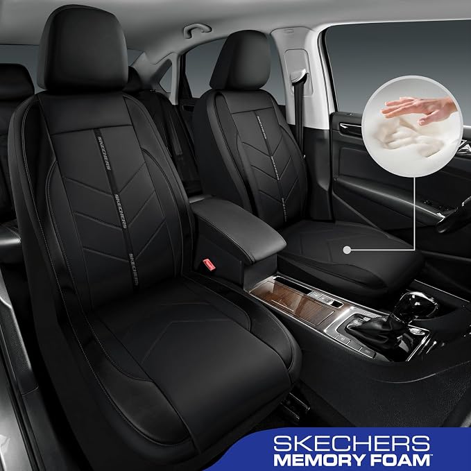 Skechers Car Seat Covers,Luxury Faux Leather Seat Covers,Waterproof Anti Slip Car Seat Protector Front Seats,Car Accessories Airbag Universal Fit for Most Cars,Vans,Trucks,SUV,Black - Image 2