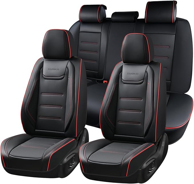 Coverado Car Seat Covers Full Set, Seat Covers for Cars, Car Seat Protector Waterproof, Leather Cushion, Universal Car Interior Covers Seat Protectors for Most Cars Black-Redline by COVERADOAUTO
