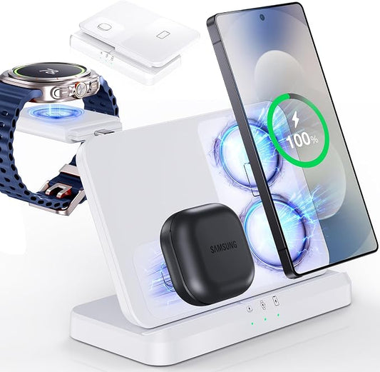 3 in 1 Wireless Charger Station for Galaxy S26 Ultra S25 S24, Foldable | Fast Charging for Z Fold Flip 7/6, Detachable Watch Charger for Galaxy Ultra 8/7/6, Compact & Portable, No Adapter, White by WelcometoEGV