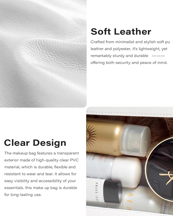 2 PCS Clear Makeup Bags Set,Waterproof PU Leather Travel Cosmetic Bags, Transparent Toiletry Bag Organizer with Zipper, Portable Makeup Brush Case Pouch for Women Girls Travel Daily Use (White) - Image 8