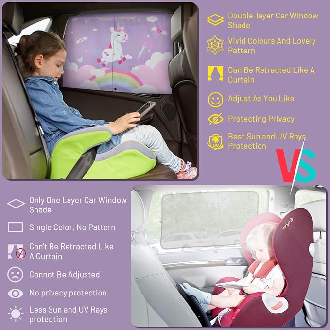 Car Window Shades, 2 PCS Magnetic Double Layer Car Sun Shade for Side Windows Privacy Full Covers/Half Shade Options Unicorn Patterns Car Window Curtains for Baby Protection - Image 4