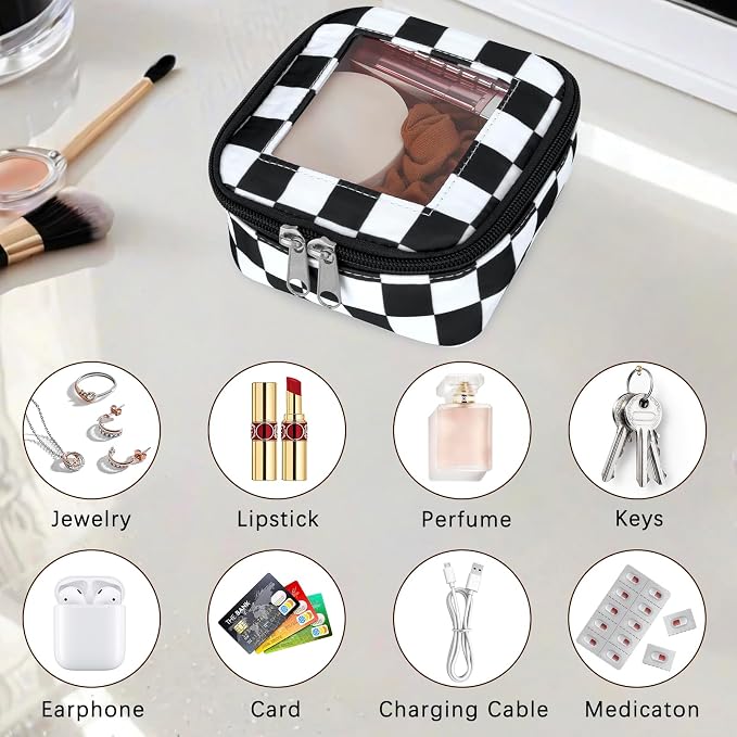 DOB SECHS Mini Checkered Bag for Purse 5.1'' x 5.1'' Small Makeup Bag for Car Cute Clear Cosmetic Bags with Zippers, Tiny Toiletry Bag Lipstick Pouch Organizer Case Travel Essentials Storage Pouches - Image 6