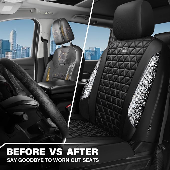 CAR PASS Bling Diamond Leather Car Seat Covers for 2 Front Interior Sets, Waterproof Shining Glitter Sparkly Crystal Universal Armrest Fit Automotive Truck SUV Cute Women Girl, Black Silver Rhinestone - Image 6