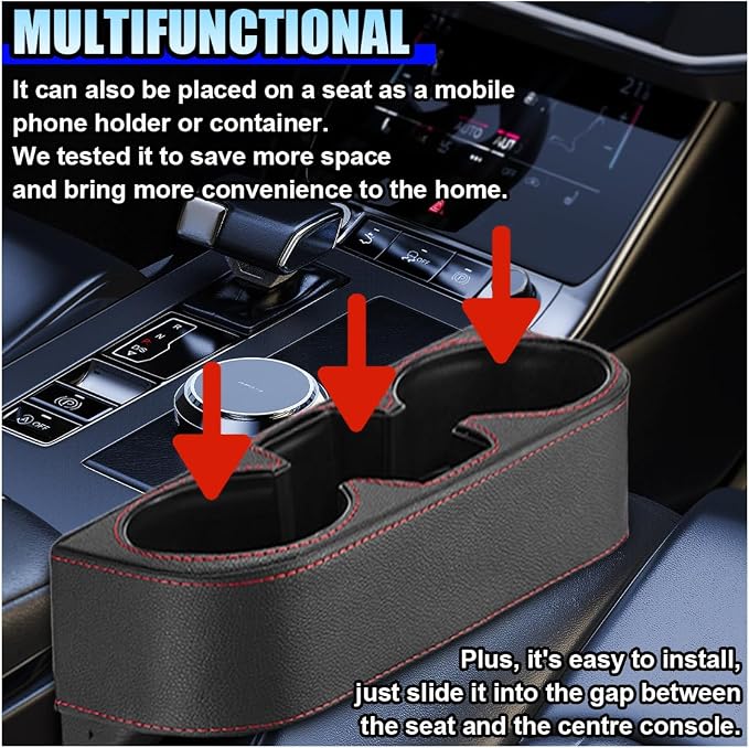 ZIMISI Car Cup Holder, Leather Front Console Gap Filler Organizer (Black) | Car Seat Gap Filler Storage Box, Multifunctional Car Cup Drink Holder, Coin Bucket, Cell Mobile Phone Holder - Image 6