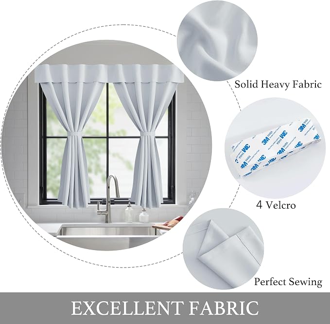 NICETOWN Greyish White Short Blackout Curtains 63 Inches Long for Bedroom | Portable Thermal Insulated Self Adhesive Window Curtains for Living Room, 1 Panel Sewn with Tiebacks, 52" x 63" - Image 4