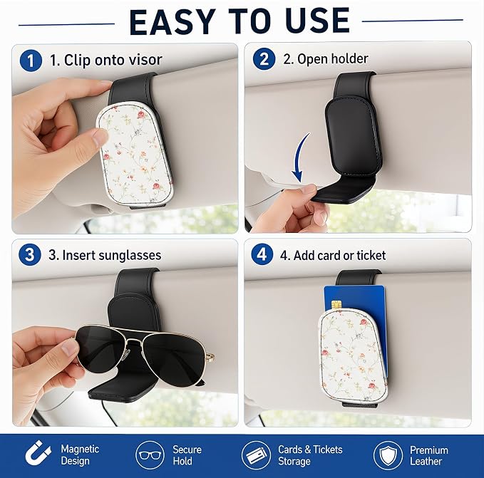 Leather Magnetic Sunglass Holder for Car Sun Visor, Cute Eyeglass Ticket Card Hanger Clip, Universal Auto Interior Accessories for SUV Pickup Truck, Soft Floral - Image 5