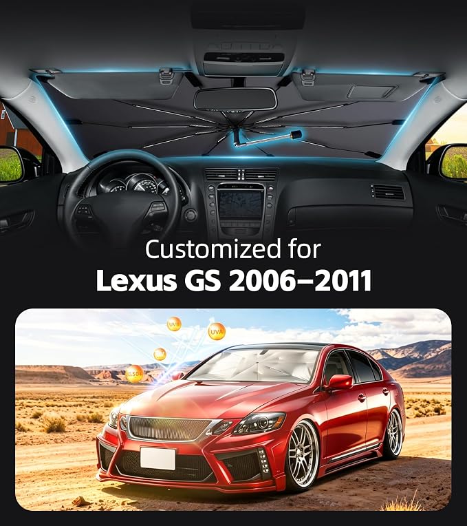 Windshield Sun Shade for Lexus GS 2006-2011 with 360° Rotating Shaft | Custom Fit Umbrella Sunshade for UV Blocking, Interior Heat Protection, Easy Storage, UPF 50+ Cool Windshield Cover - Image 2