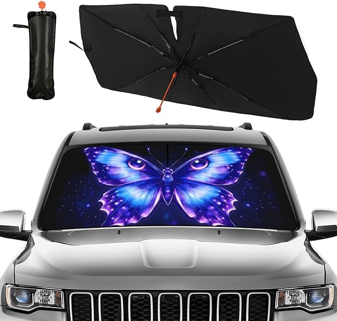 Butterfly Eye Car Windshield Sun Shade Umbrella Funny Butterflies Sunshades for Car Windshield Upgraded Sun Visor Protector for Sedan SUV Most Vehicles Printed Front Window Shades - Image 2