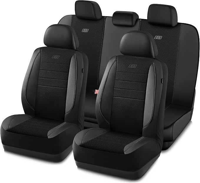 Skechers Air-Cooled Memory Foam Seat Covers,Mesh Thick Car Seat Covers,Piping Leather Car Seat Cover,Airbag Compatible,Automotive Comfort for Most Cars, Vans, Trucks, SUV(Black, Full Set) by Unknown