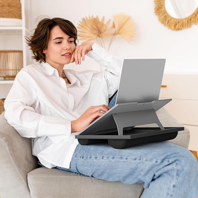 HUANUO Lap Desk with 8 Adjustable Angles – Up to 15.6" Laptop, Grey | Dual-cushion base, carry handle, 30% thicker for durability, wider anti-slip ledge, for home office, sofa, bed, car - Image 6