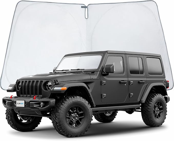 CLIM ART Windshield Sun Shade for Jeep Wrangler 2018-2026, Custom-Fit Foldable Car Sunshade, Vehicle Sun Protector, Front Auto Windshield Cover, Car Accessories - WS1001 by CLIMART