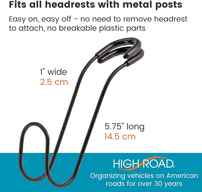 Metal Car Hooks for Purses and Bags - Large Hooks Won't Slip Off or Rattle | Set of 2 High Road Car Headrest Hooks Fit All Sized Metal Posts - Holds Multiple Bags, Wide Straps and Hard Hats - Image 6