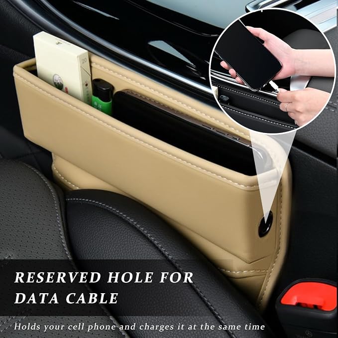 Kewucn Car Seat Gap Organizer, Adjustable Leather Front Seat Gap Filler Storage Box, Multifunctional Auto Console Side Pocket Organizer for Phone Glasses Key Card, Car Accessories (Beige) - Image 4