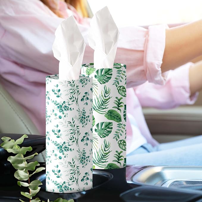 Car Tissue Holder with Facial Tissues, Botanical Leaf Print, Cylindrical Design,4Pack - Image 4