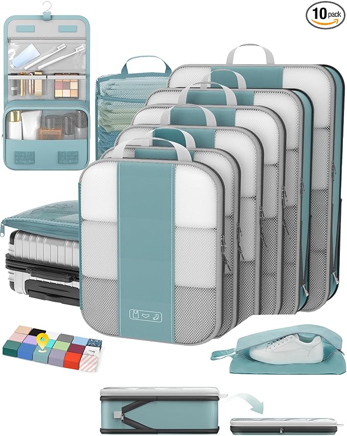 OlarHike 10 Set Compression Packing Cubes for Travel Essentials,Compressible Expandable Space Saver Bags for Organizing Clothes,Luggage Suitcase Garment Bags with Over 1000 pcs Mesh Holes(Blue Gray) by OlarHike