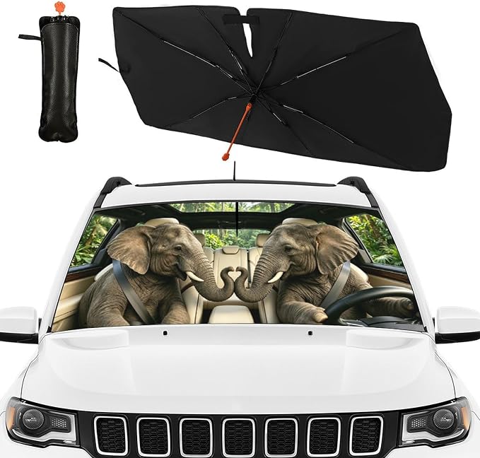 Elephant Driving Car Windshield Sun Shade Umbrella Elephant Gifts for Women Foldable Funny Animal Sunshade for Car Windshield Block UV Rays for Fits Most Sedans SUV Trucks Cars 57"x30" - Image 3