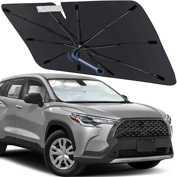 Windshield Sun Shade for Toyota Corolla Cross 2022-2026, Umbrella Shades | Custom Foldable Front Window Sunshade with 360° Rotating Shaft, Car Shades with UV & Heat Protection by Visufy