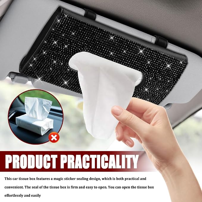 Bling Car Sun Visor Tissue Box Holder, Car Visor Tissue Holder, PU Leather with Bling Crystal Rhinestones Tissue Holder, Backseat Paper Towel Cover Case Auto Accessories for Women (Black) - Image 4