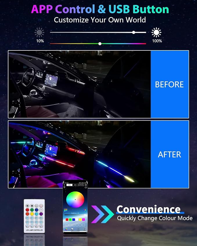 Acrylic LED Lights for Car, 43.3in RGB Interior Light Strip, 146 LEDs | USB Port, APP Control, Music Sync and Color Changing RGB Ambient Lighting for Car Interior, Gifts for Women and Men - Image 4