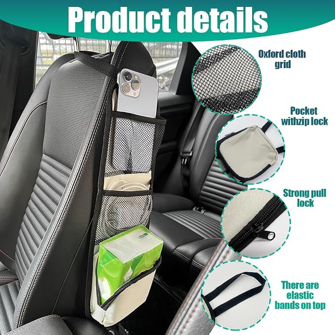 2PCS Car Seat Storage Hanging Bag, Car Seat Side Organizer, Multifunctional Cars Mesh Net Pocket, Multi-Pocket Seats Side Storage Interior Accessories Universal for Car SUV (Ivory White, 2PCS) - Image 4