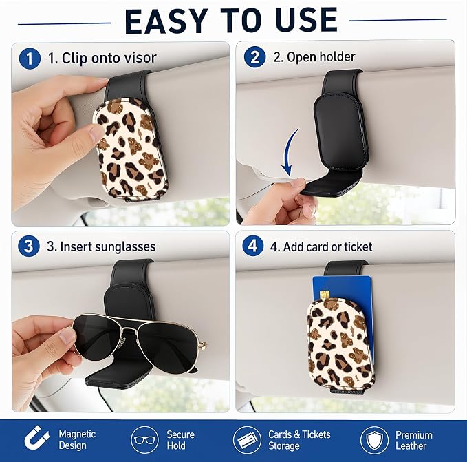 Leather Magnetic Sunglass Holder for Car Sun Visor, Cute Eyeglass Ticket Card Hanger Clip, Universal Auto Interior Accessories for SUV Pickup Truck, White Leopard - Image 5
