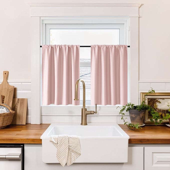 RYB HOME 100% Blackout Short Curtains for Small Window, Thermal Insulated | Total Room Darkening, Noise Reducing, Curtains for Basement Bathroom RV Cars, W29 x L30, Baby Pink, 2 Panels by RYBHOME