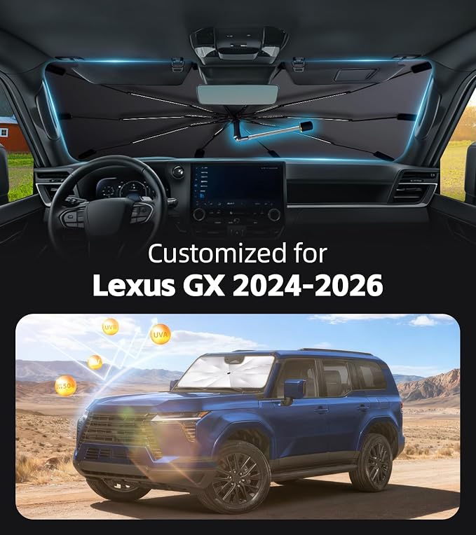 Windshield Sun Shade for Lexus GX 2024-2026 with 360° Rotating Shaft | Custom Fit Umbrella Sunshade for UV Blocking, Interior Heat Protection, Easy Storage, UPF 50+ Cool Windshield Cover - Image 2
