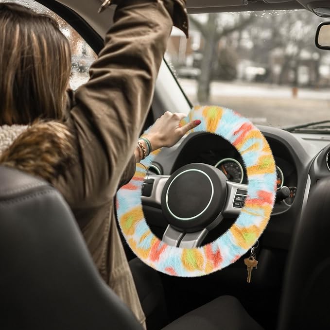 Accmor Fuzzy Car Steering Wheel Cover, Universal Fluffy Auto Wheel Cover & Handbrake Cover & Gear Shift Cover Set, Soft Warm Steering Wheel Protector Car Accessories for Men Women Girls, Colorful - Image 6
