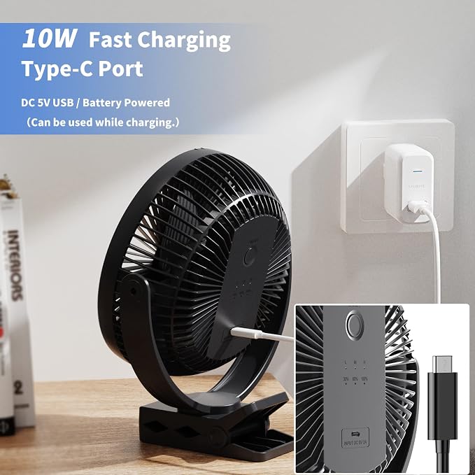 Clip on Fan, Rechargeable Portable Fan, 8 Inch Small Desk Fan - 10000mAh Battery Powered Fan with 4 Speed, 360° Rotation Personal Fan Suitable for Golf Cart, Bedroom, Travel and Camping (Black) - Image 6