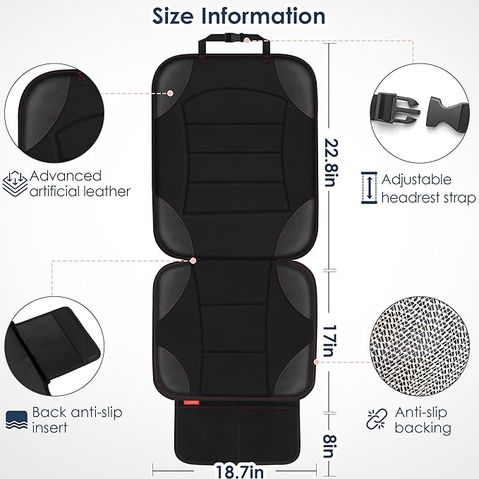Sinvitron Car Seat Protector for Child Car Seat - Waterproof Non-Slip Leather Mat with 2 Mesh Pockets, Universal Seat Cover for Baby, Pets & Vehicles(2-Pack,Black) - Image 3