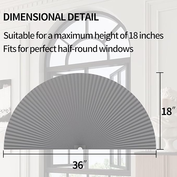 Myshade Arch Window Shades Half Circle Blackout Cellular Shades Cordless No Drill Blinds for Windows Half Moon Honeycomb Fabric No Tools Room Darkening Shades Easy Install (1PCS Grey 36" W X 18" H) - Image 3